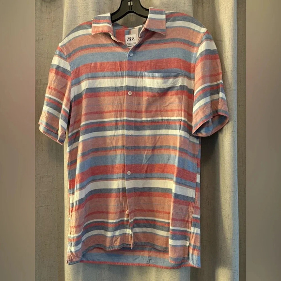 Men’s Zara Short Sleeve Button up Shirt. Size S. Pale red, cream, blue - Picture 1 of 4